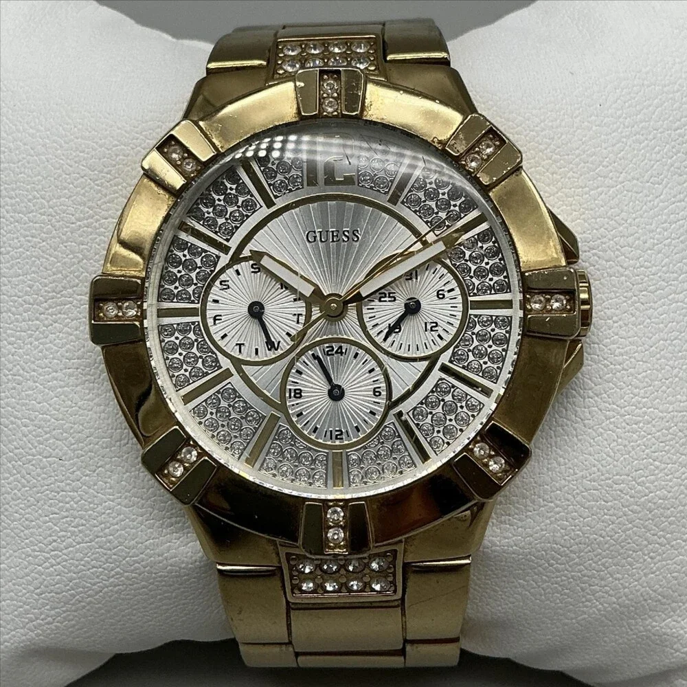 Guess U11576L1 Womens Watch 40mm Gold Tone Crystals Multi Dial New Battery 6.5